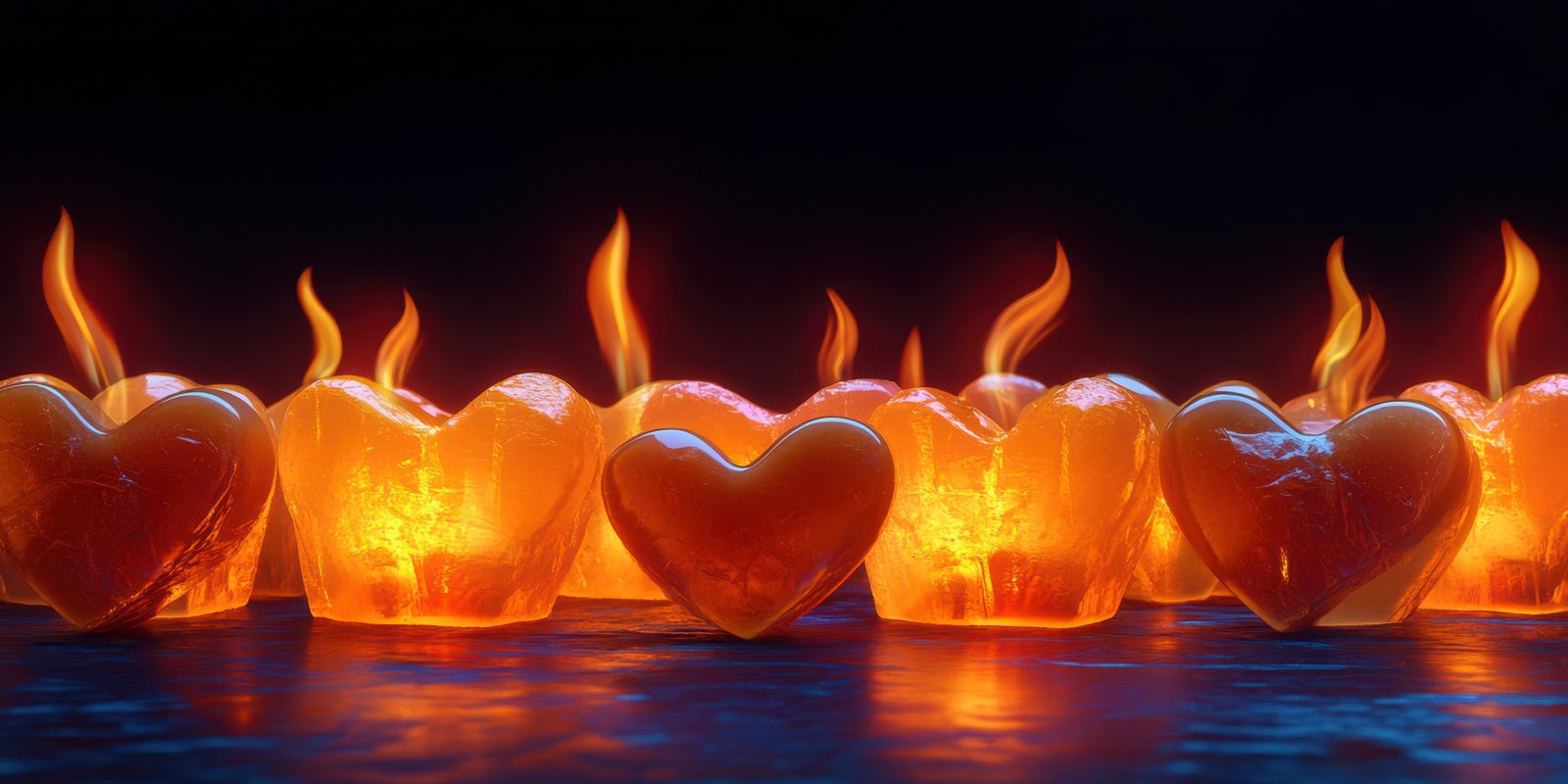 Heart-shaped candles glow warmly in a dark setting, creating a romantic atmosphere